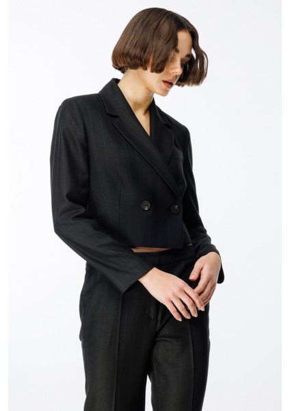 Kadın Çizgili Crop Ceket 1141 Siyah modelleri