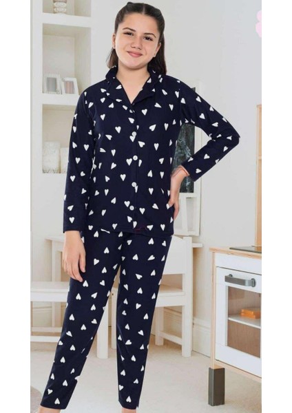 Kız Çocuk Pamuklu Süet Lacivert Kalp Desenli Gömlek Yaka Boydan Düğmeli Uzun Kollu Pijama Takımı M6590