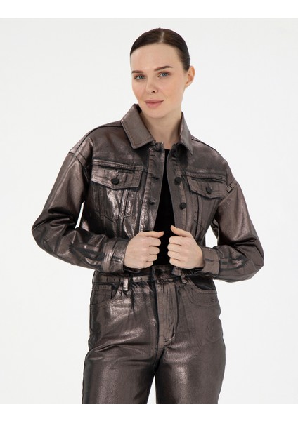 Kadın Antrasit Crop Top Jean Ceket 50291403-VR006