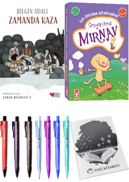 İlk Okuma Kitaplarım Gezgin Kedi Mırnav 10 Kitap ve Zamanda Bisikleti 3 Zamanda Kaza 2li Set