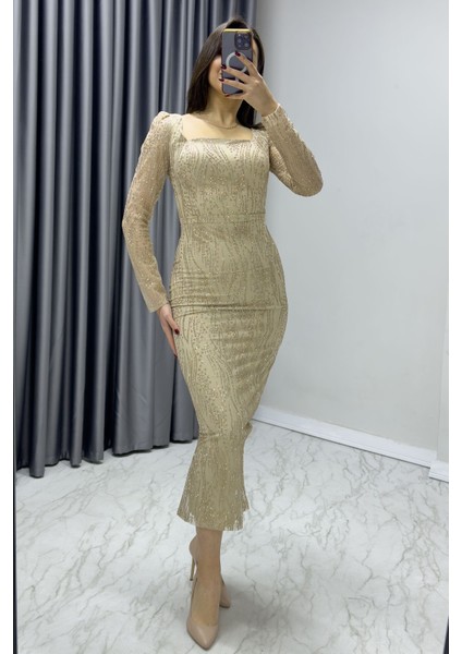 Gold Kare Yaka Simli Uzun Kol Midi Abiye Elbise