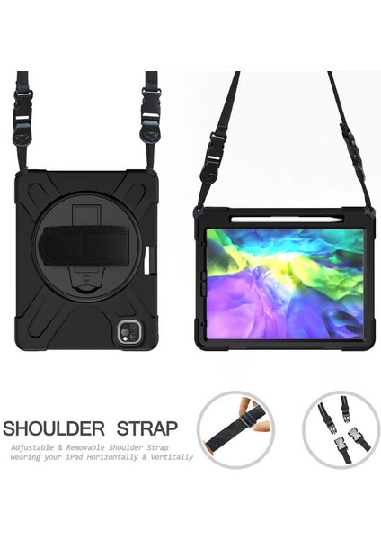 Noktaks - iPad Pro 11 2.nesil 2020 A2228-A2068-A2230-A2231 - Kılıf Ip Askılı El Tutmalı Defender Kılıf - Siyah