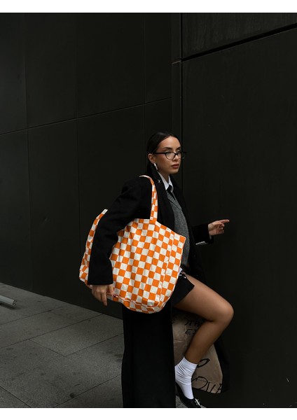 Oranj Dama Desenli Oversize Kanvas Bez Çanta