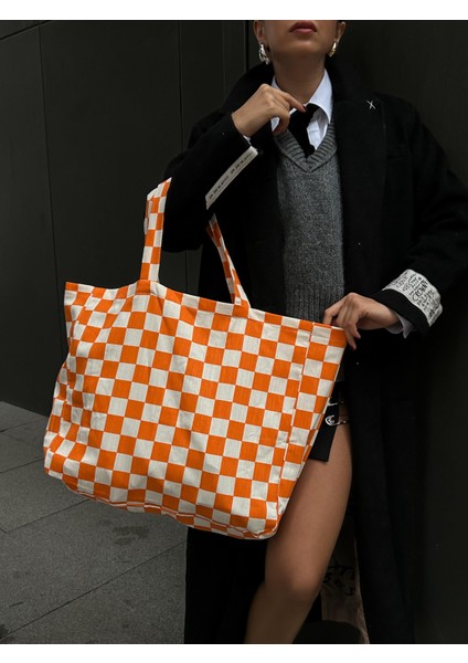 Oranj Dama Desenli Oversize Kanvas Bez Çanta