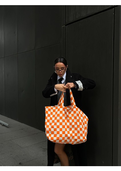 Oranj Dama Desenli Oversize Kanvas Bez Çanta