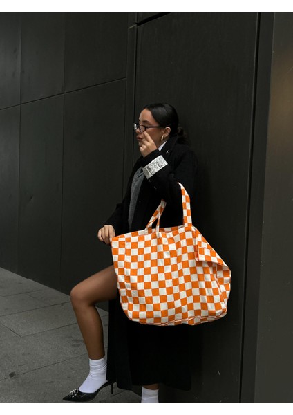 Oranj Dama Desenli Oversize Kanvas Bez Çanta