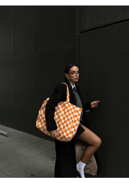 Oranj Dama Desenli Oversize Kanvas Bez Çanta
