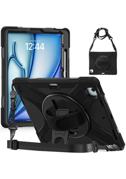 Noktaks - iPad Air 13 M2 2024 A2898-A2899-A2900 - Kılıf Ip Askılı El Tutmalı Defender Kılıf - Siyah