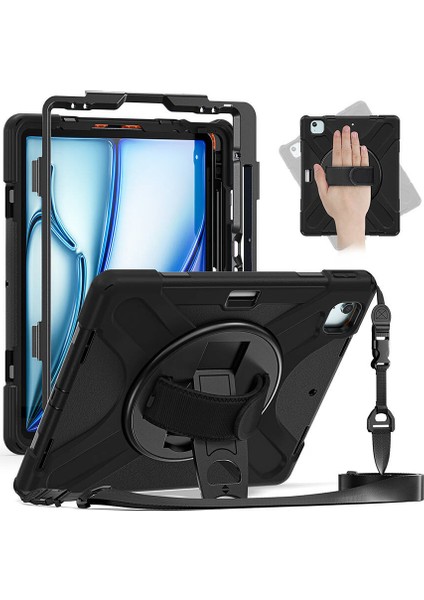 Noktaks - iPad Air 13 M2 2024 A2898-A2899-A2900 - Kılıf Ip Askılı El Tutmalı Defender Kılıf - Siyah