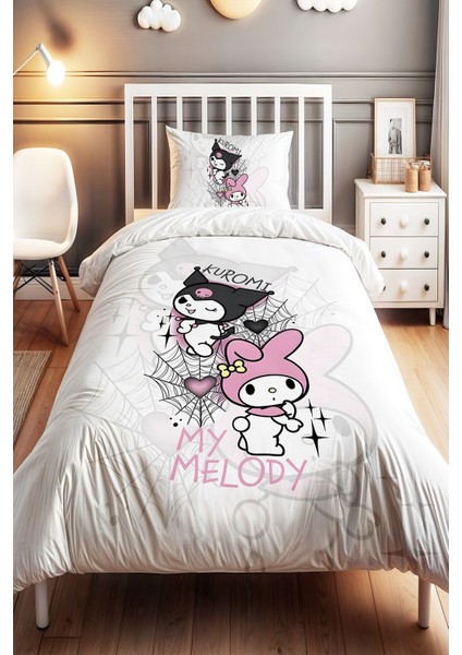 Havalı Kuromi ve Şaşkın My Melody Desenli Tek Kişilik Bebek Çocuk Nevresim Seti