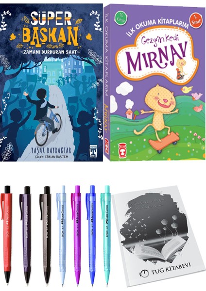 İlk Okuma Kitaplarım Gezgin Kedi Mırnav 10 Kitap ve Süper Başkan Zamanı Durduran Saat 2li Set