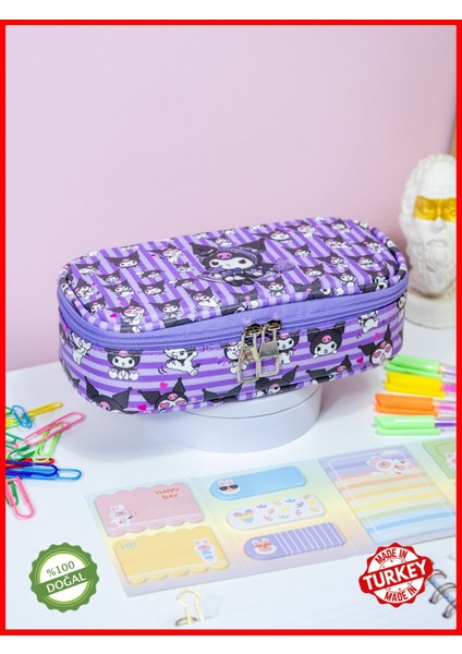 Kalem Kutusu Oval Tasarım Tek Bölmeli Kuromi Temalı vegan Deri (Kalemlik)