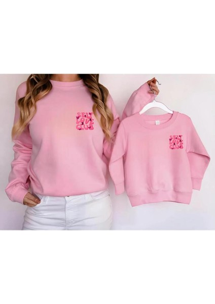 Yeni Sezon 3 Iplik Içi Şardonlu Oversize Pudra Çocuk ve Kadın Sweatshirt Anne-Çocuk Kolesiyonu