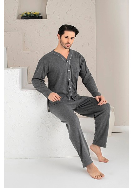 Erkek Uzun Kollu Düğmeli Penye Pijama Takımı