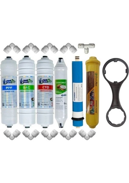 Inline Puretech Filtre Takımı 6'lı Set ve Bağlantı Dirsekleri (Hyundai Membran) ve Mineral Filtre