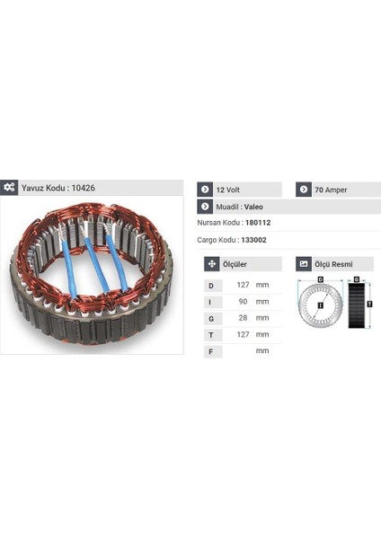 12V ALTERNATÖR STATÖR 70 A VALEO TİPİ R9/R11