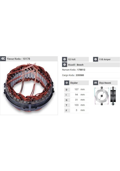 12V ALTERNATÖR STATÖR BOSCH TİPİ 110 A (6 UÇLU-TIRNAKLI)