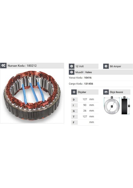 12V ALTERNATÖR STATÖR VALEO TİPİ 50 A (3 UÇLU) RENAULT R9/R11/R19