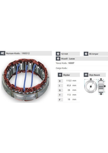 12V Alternatör Statör Lucas Tipi 55 A (3 Uçlu) (A-115)