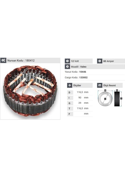 12V ALTERNATÖR STATÖR VALEO TİPİ 80 A (6 UÇLU)