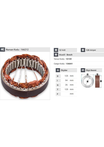 12V ALTERNATÖR STATÖR BOSCH TİPİ 120 A