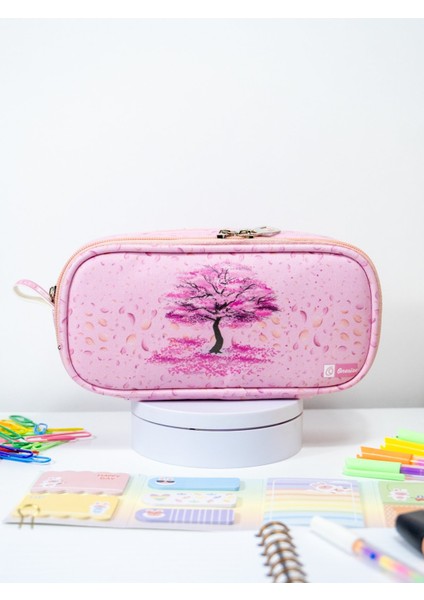 Kalem Kutusu Oval Tasarım Iki Bölmeli Sakura Temalı Vegan Deri (Kalemlik) modelleri
