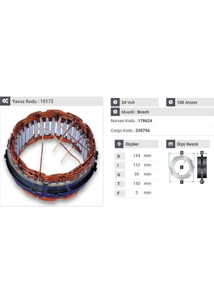 24V ALTERNATÖR STATÖR BOSCH TİPİ 100 A (6 UÇLU-TIRNAKLI) (ALÇAK SARGI)