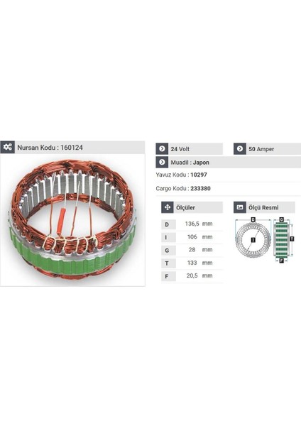 24V ALTERNATÖR STATÖR MITSUBISHI TİPİ 50 A (4 UÇLU)