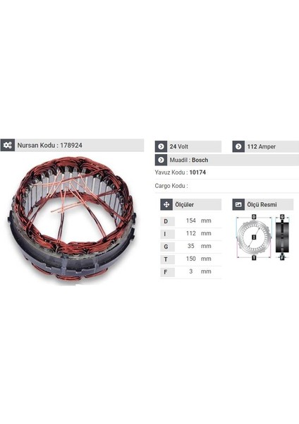 24V ALTERNATÖR STATÖR BOSCH TİPİ 112 A (6 UÇLU-TIRNAKLI) OTOBÜS