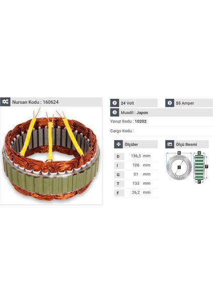 24V ALTERNATÖR STATÖR HITACHI TİPİ 55 A (3 UÇLU) HYUNDAI HD 75 KAMYON