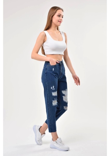 Kadın Mavi Mom Style Kesik Paça Yırtık Jean