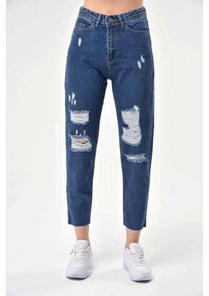 Kadın Mavi Mom Style Kesik Paça Yırtık Jean