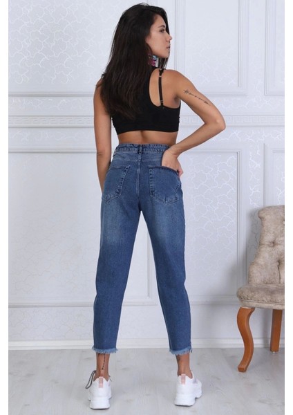 Kadın Mom Jeans Yüksek Bel Lazer Detay