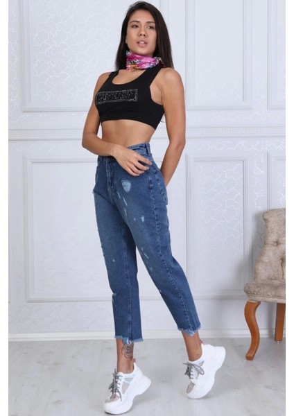 Kadın Mom Jeans Yüksek Bel Lazer Detay