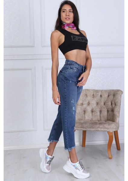 Kadın Mom Jeans Yüksek Bel Lazer Detay