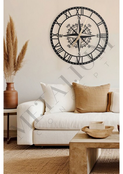 Dekoratif Roma Rakamlı Sessiz Siyah Metal Duvar Saati Pusula Temalı 60X60CM