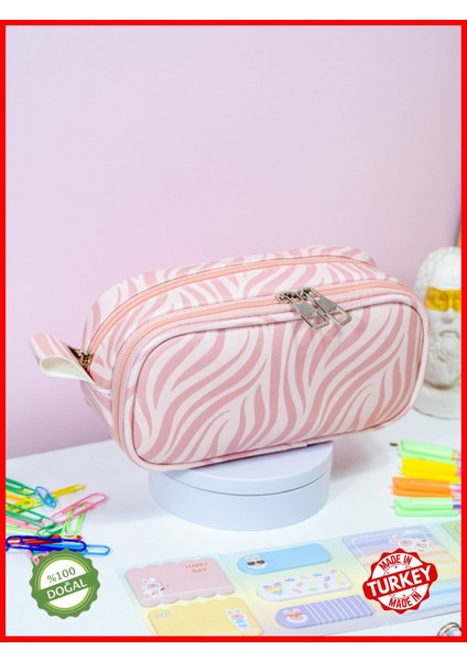 Kalem Kutusu Oval Tasarım Iki Bölmeli Zebra Pembe Temalı Vegan Deri (Kalemlik)