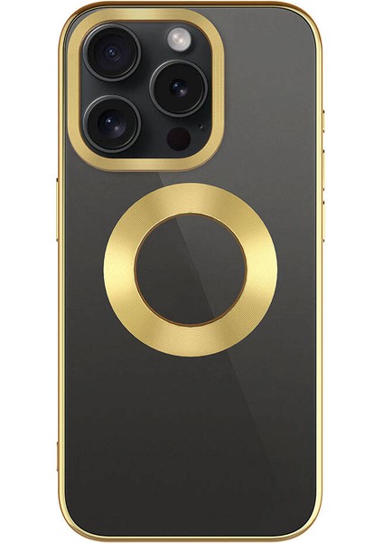 Apple iPhone 15 Pro Max Kılıf Tek Kamera Çerçeveli Logo Gösteren Omega Kapak - Gold