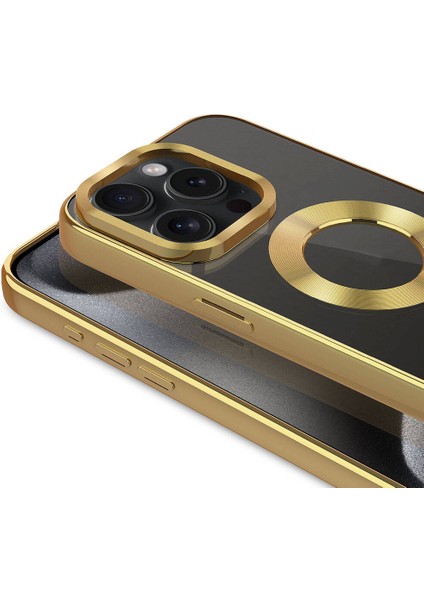 Apple iPhone 15 Pro Max Kılıf Tek Kamera Çerçeveli Logo Gösteren Omega Kapak - Gold