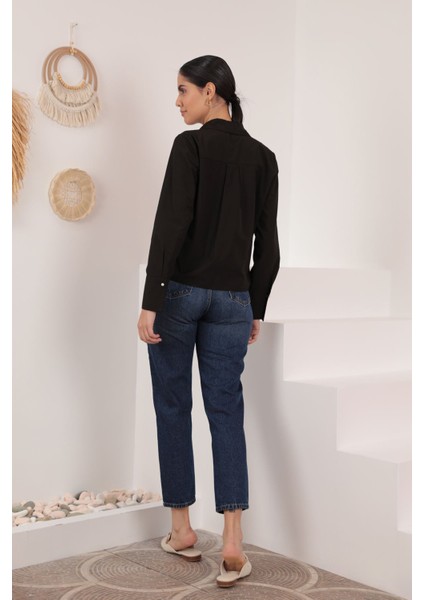 Soft Kumaş Crop Kadın Inci Düğme Detay Gömlek-Acı Kahve
