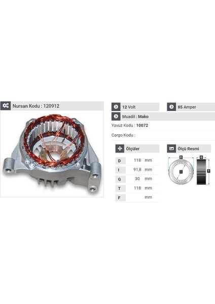 ALTERNATÖR ÖN KAPAK MARELLI-DENSO TİPİ 85 A (STATÖRLÜ) FIAT-OPEL 1.2/1.3/1.4