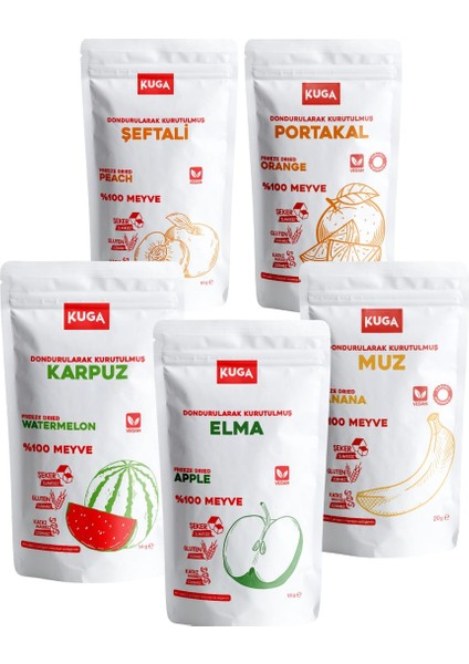 Freeze Dried Fruits-Dondurularak Kurutulmuş Meyveler-(Elma-Karpuz-Şeftali-Muz-Portakal)