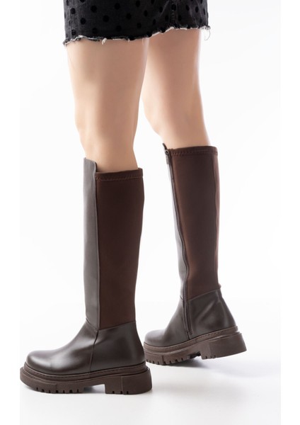 812-305 Kahve Arkası Streç Fermuarlı Günlük Kadın Çizme modelleri