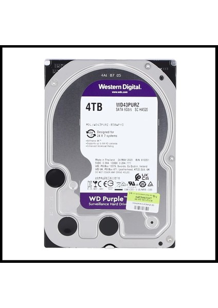 Wd Purple, WD43PURZ, 3.5&quot;, 4tb, 256MB, 5400 Rpm, 7/24 Güvenlik, HDD (Türkiye Distribütörü Garantili)
