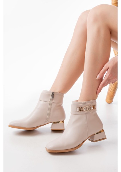RM-502 Bej Toka Aksesuarlı Topuklu Fermuarlı Günlük Kadın Bot fiyatları