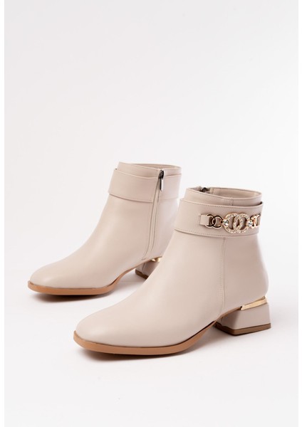 RM-502 Bej Toka Aksesuarlı Topuklu Fermuarlı Günlük Kadın Bot modelleri
