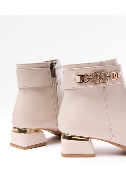 RM-502 Bej Toka Aksesuarlı Topuklu Fermuarlı Günlük Kadın Bot fırsatları