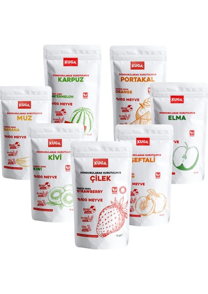 Freeze Dried Fruits-Dondurularak Kurutulmuş Meyveler-(Çilek-Elma-Karpuz-Şeftal-Muz-Portakal-Kivii)