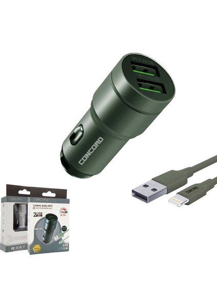 C-773 Lightning Kablo ve Metal Başlık Hızlı Araç Şarj Seti 2.4 + 3.5A 23W