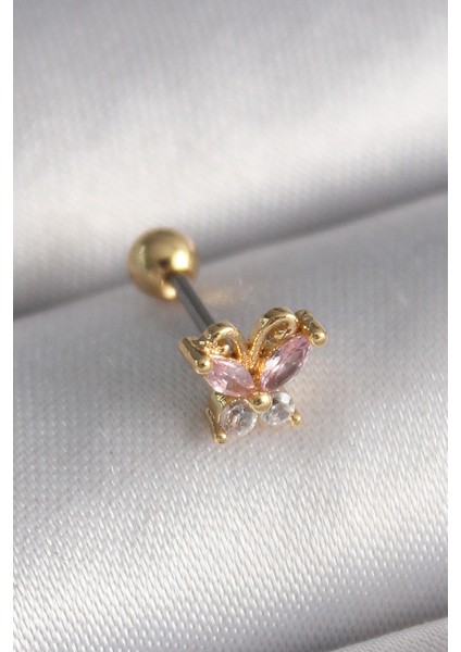 316L Çelik Gold Renk Pembe Zirkon Taşlı Kelebek Tragus Piercing